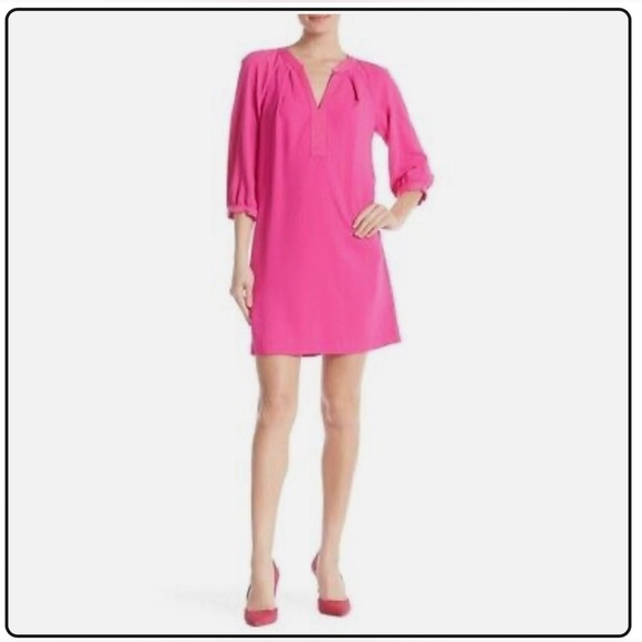 Trina Turk Pipkin Split Neck 3/4 Sleeve Dress Sz XS, preloved w/ pockets - Picture 2 of 4